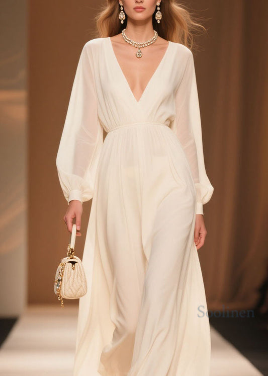 Elegant White V Neck Patchwork Chiffon Dress Spring