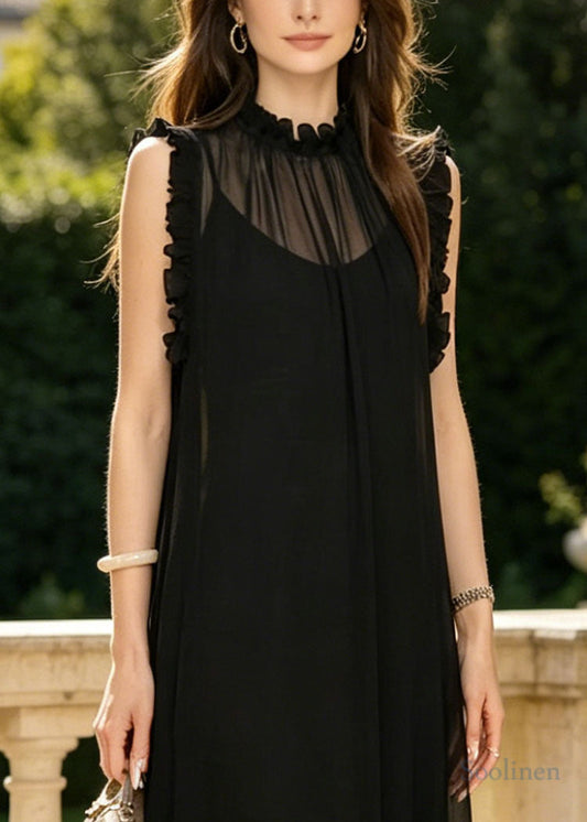 Fashion Black Ruffled Draping Chiffon Party Dress Sleeveless