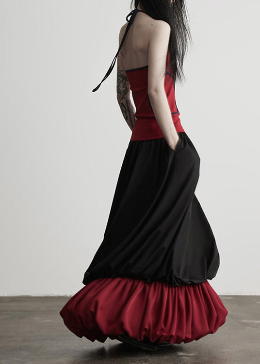 Fashion Black Wrinkled Patchwork False Two Pieces Cotton Skirts Spring
