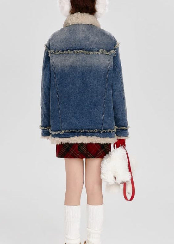 Fashion Blue Fuzzy Fur Patchwork Fine Cotton Filled Denim Coat Winter