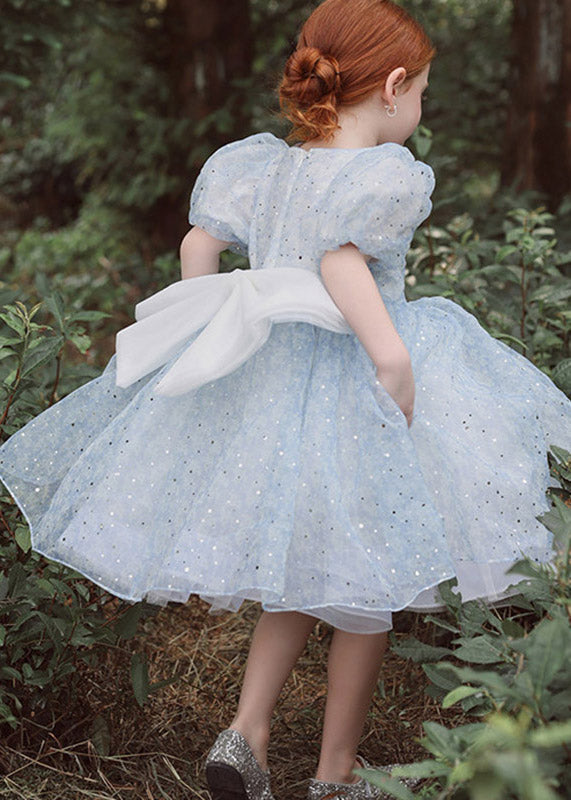 Fashion Blue O-Neck Patchwork Square Tulle Girls Maxi Dress Summer