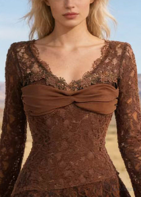 Fashion Brown Asymmetrical Patchwork Lace Mini Dress Spring
