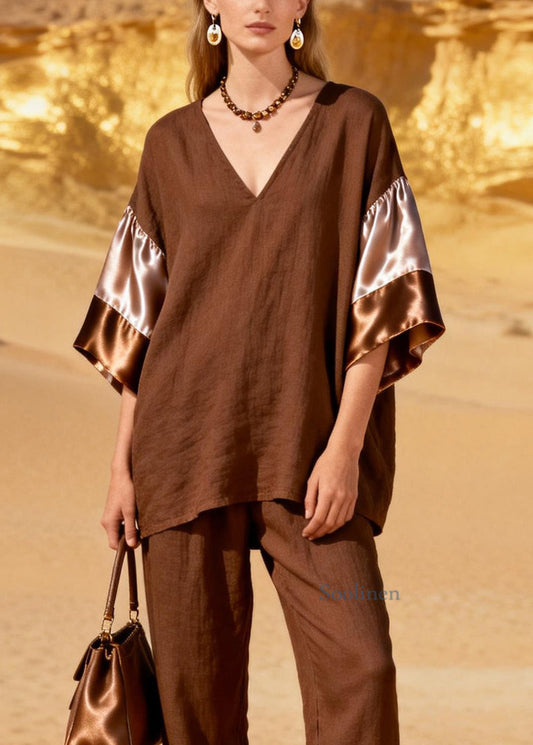 Fashion Coffee V Neck Patchwork Linen Silk Two Piece Set Spring