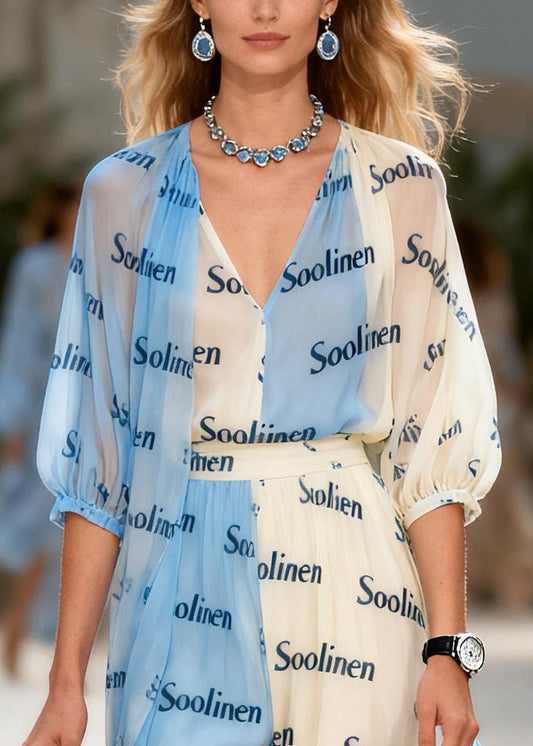 Fashion Colorblock V Neck Print Chiffon Maxi Dresses Summer