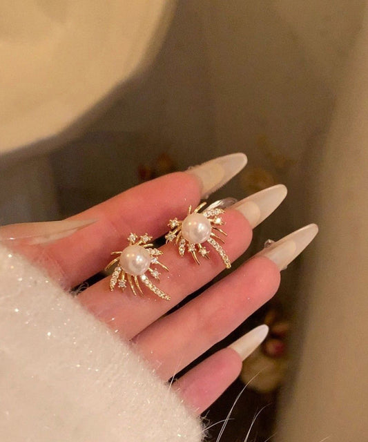 Fashion Gold Copper Overgild Zircon Bow Pearl Stud Earrings