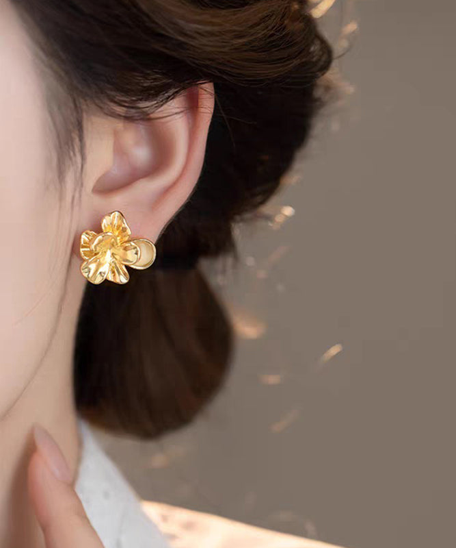 Fashion Gold Metal Alloy Floral Cat's Eye Stud Earrings