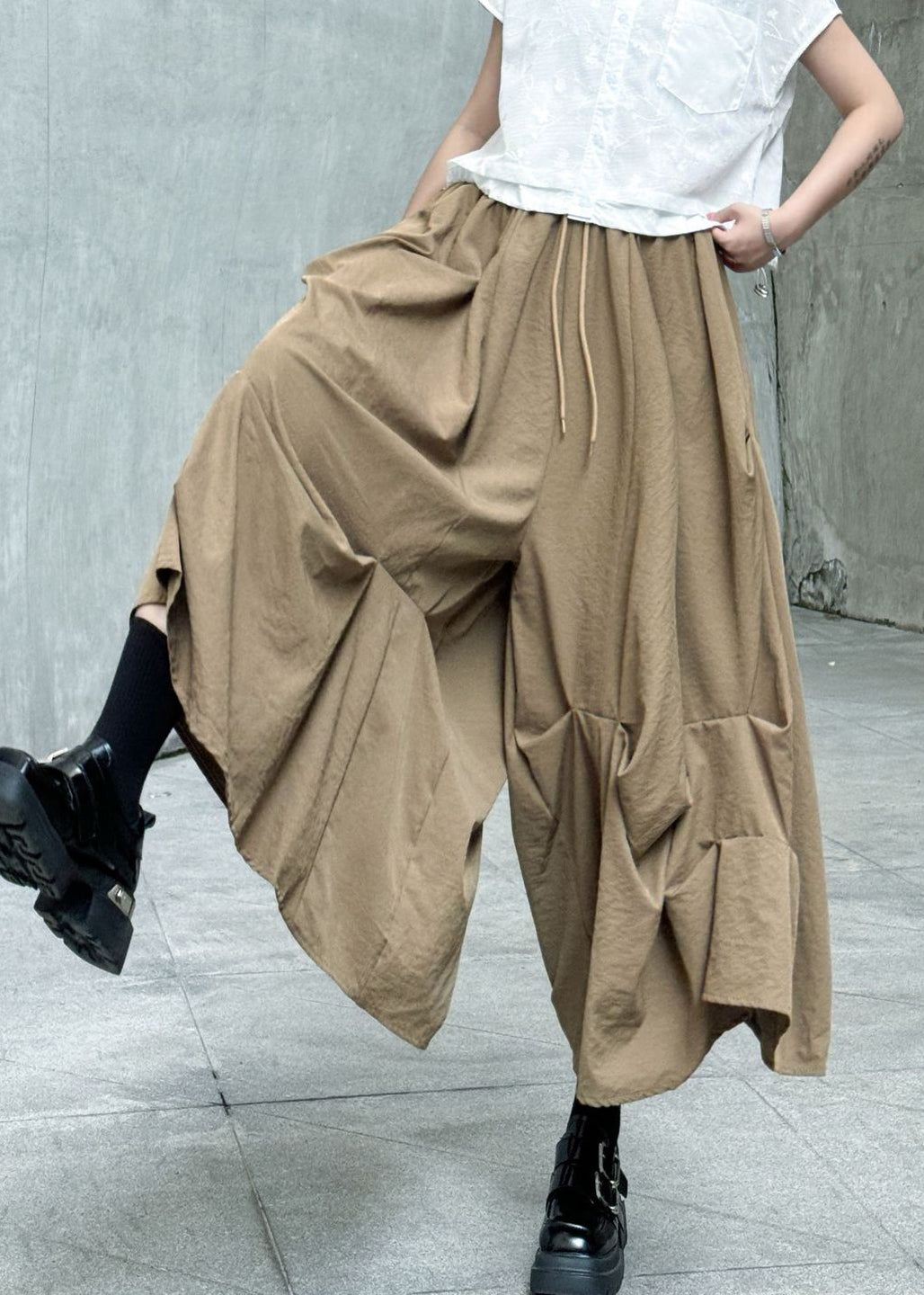 Fashion Khaki Wrinkled Patchwork Elastic Waist Cotton Skirt Summer