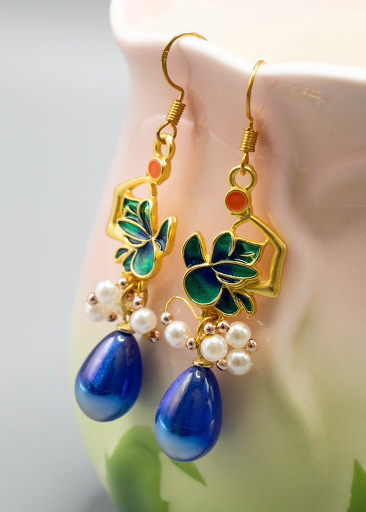 Fashion Peacock Blue Water Droplet Gem Stone Drop Earrings