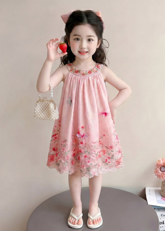 Fashion Pink Print Cotton Kids Girls Vacation Dress Sleeveless
