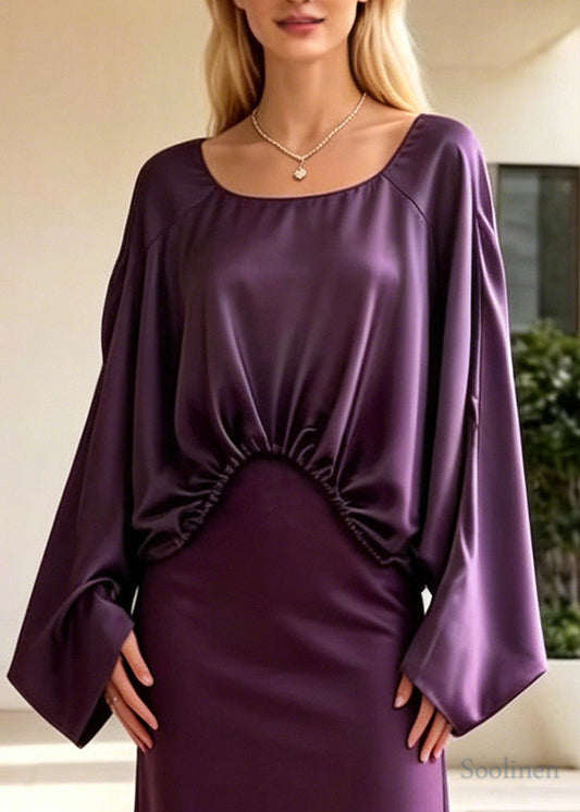 Fashion Purple Asymmetrical Design Draping Silk Two Pieces Set Batwing Sleeve