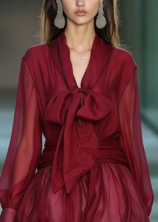 Fashion Red Lace Up Patchwork Chiffon Mini Dress Spring
