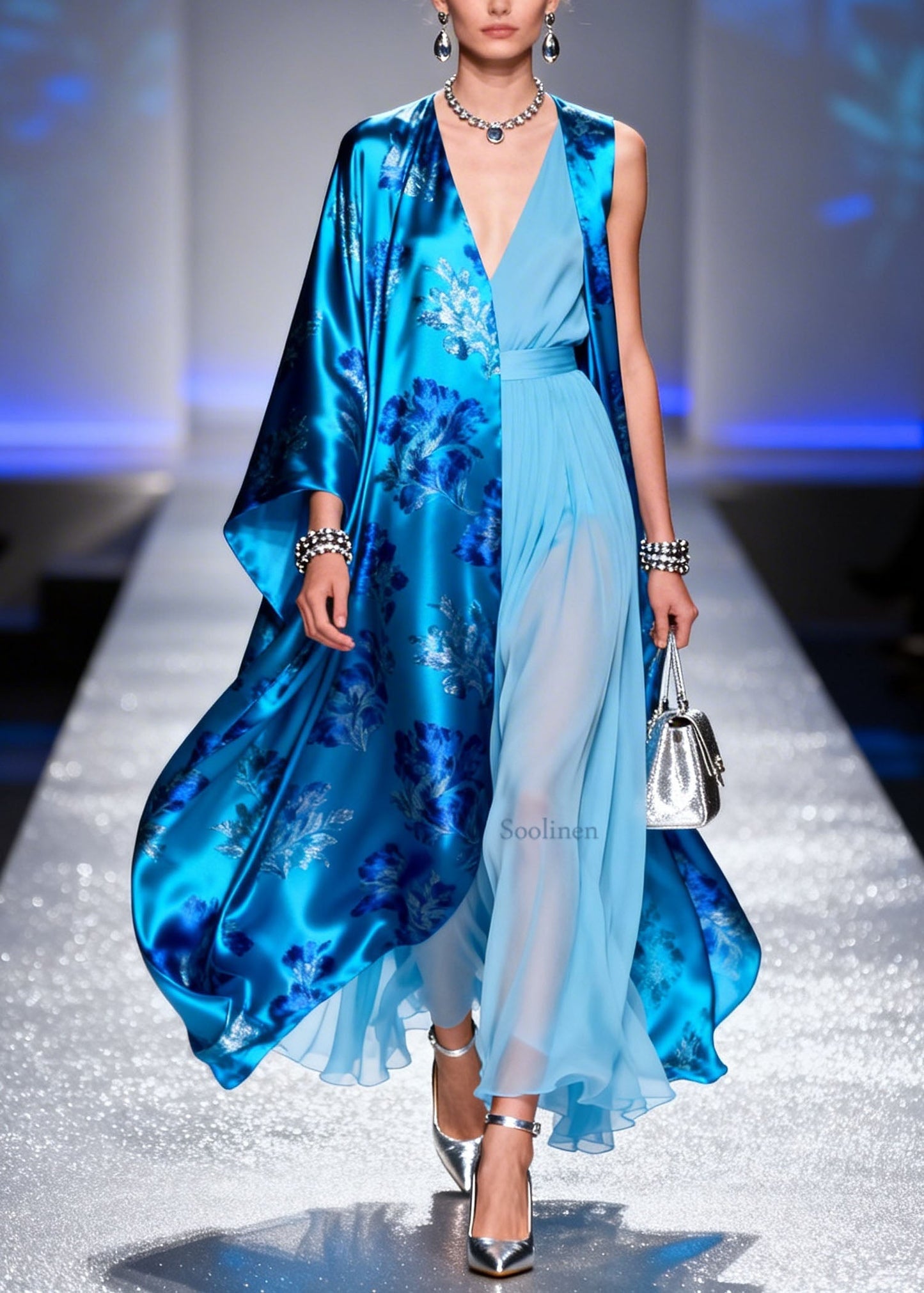 Fashion V Neck Print Silk Cardigans And Chiffon Dress Two Piece Set Summer