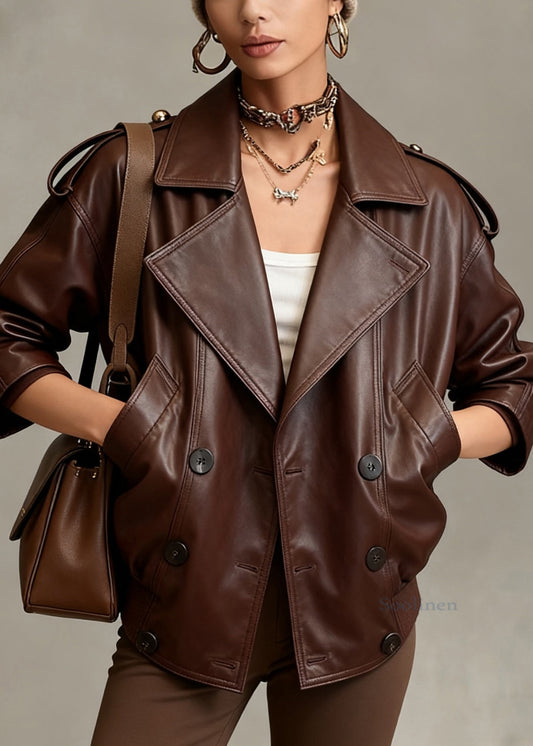 Fine Chocolate Peter Pan Collar Double Breast Sheepskin Jacket Spring