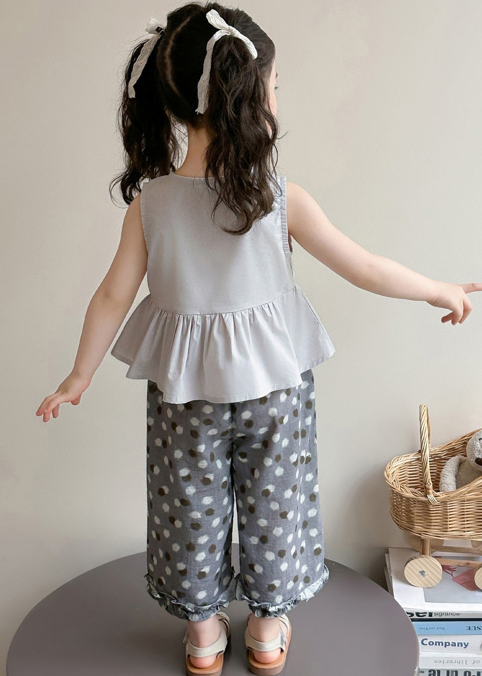 Fine Grey Ruffled Print Cotton Baby Girls Two Pieces Set Summer