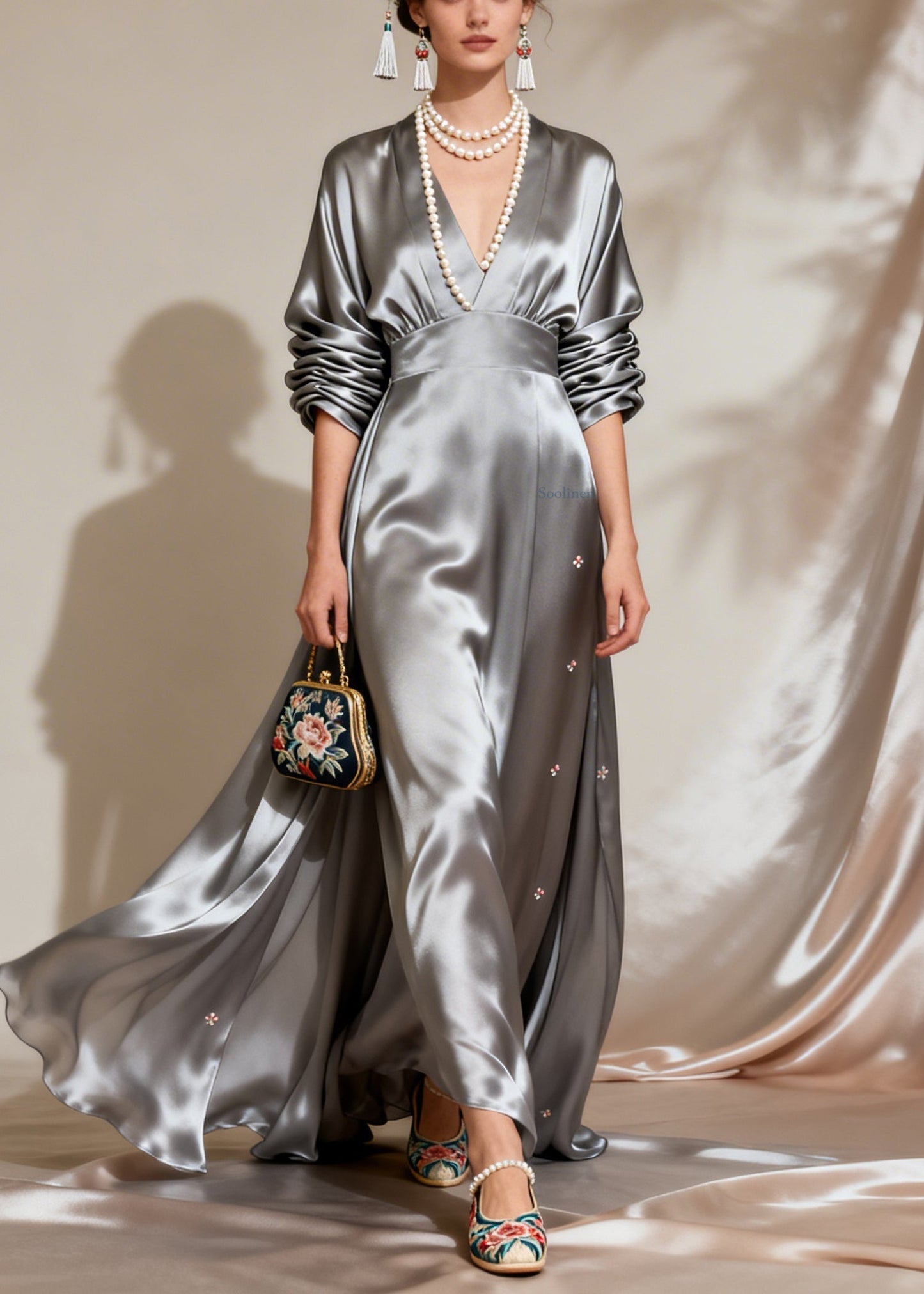 Fine Grey Wrinkled Patchwork Floral Holiday Silk Maxi Dress Long Sleeve