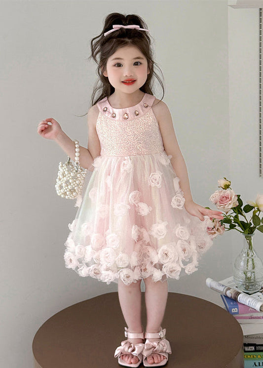Fine Pink Sequins Floral Tulle Kids Girls Long Dress Summer