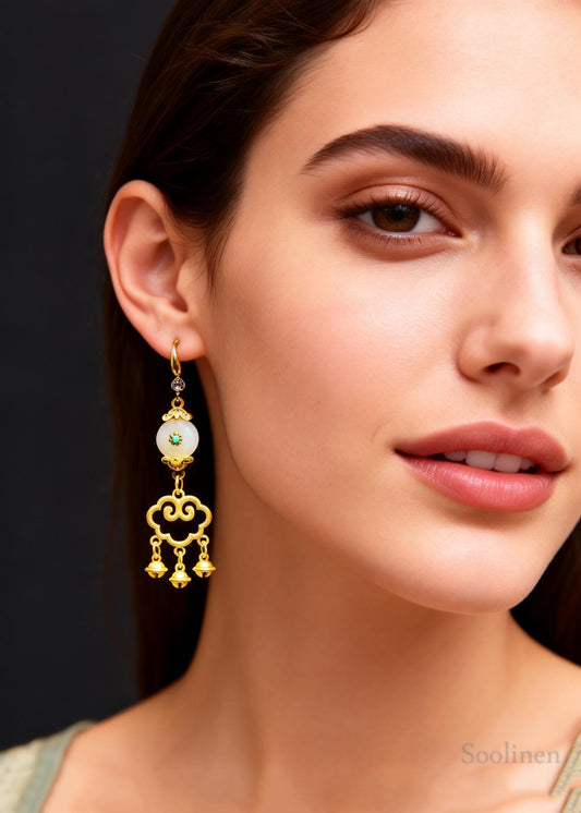 Fine White Jade Auspicious Clouds Small Bell Drop Earrings