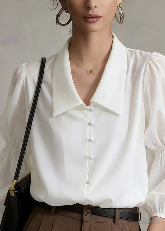 Fine White Peter Pan Collar Chinese Button Blouse Top Lantern Sleeve