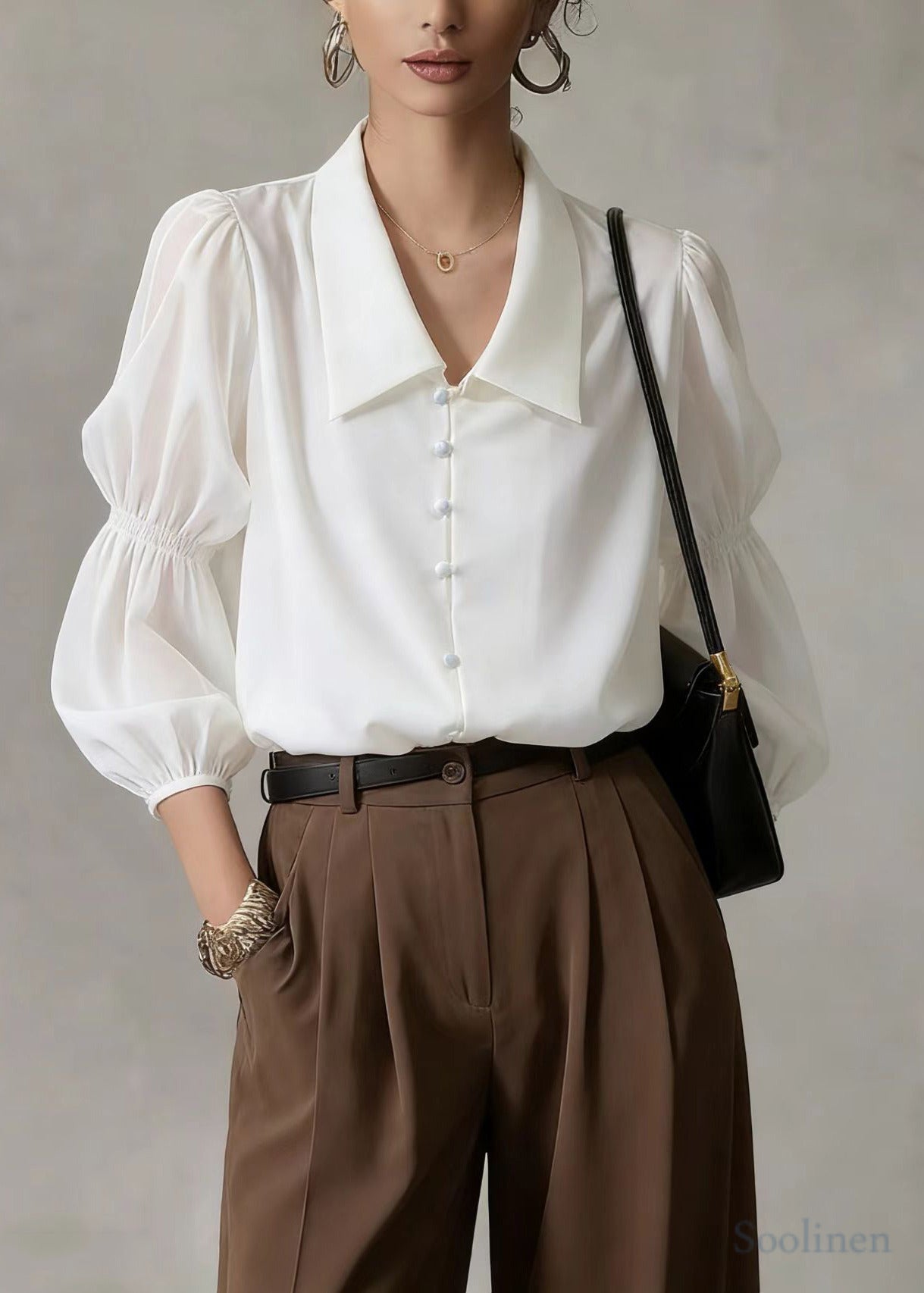 Fine White Peter Pan Collar Chinese Button Blouse Top Lantern Sleeve