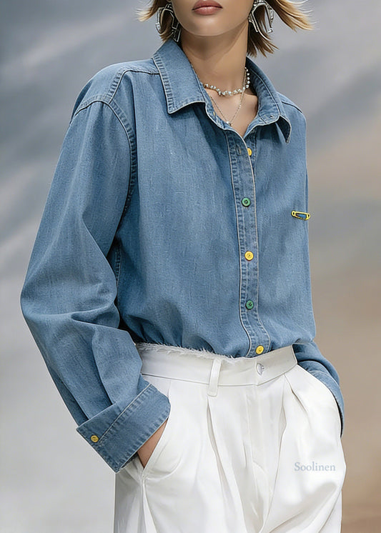 Fitted Blue Peter Pan Collar Denim Shirt Lantern Sleeve