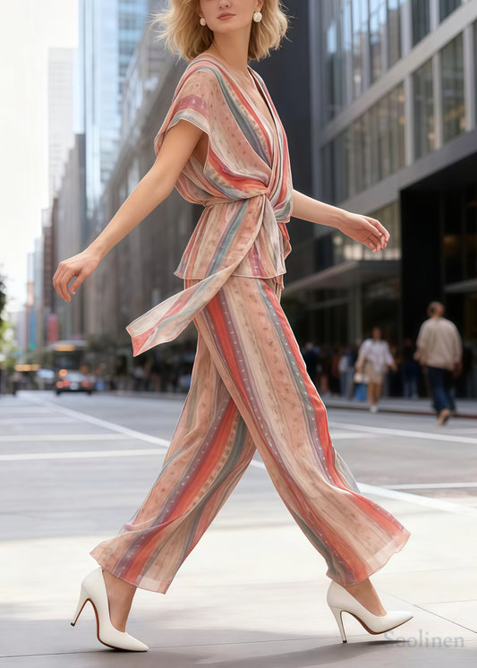 Fitted Rainbow Asymmetrical Striped Chiffon 2 Piece Outfit Summer