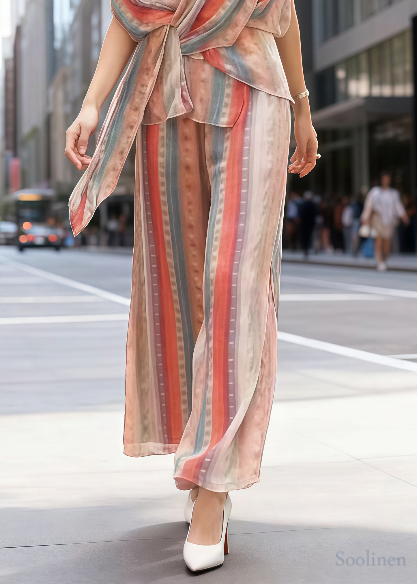 Fitted Rainbow Asymmetrical Striped Chiffon 2 Piece Outfit Summer