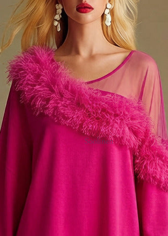 Fitted Rose One Shoulder Patchwork Faux Fur Cotton Mini Dress Spring