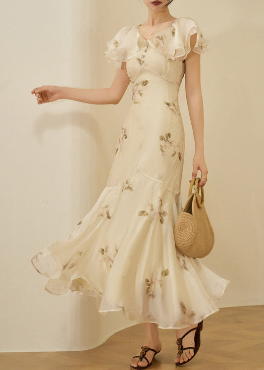Fitted V Neck Patchwork Chiffon Long Fish-Tail Dresses Flare Sleeve
