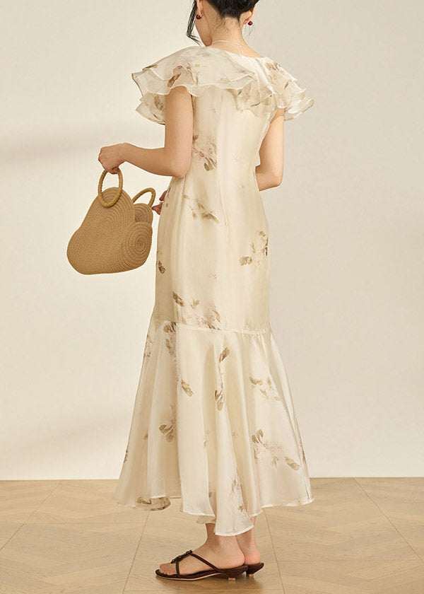Fitted V Neck Patchwork Chiffon Long Fish-Tail Dresses Flare Sleeve