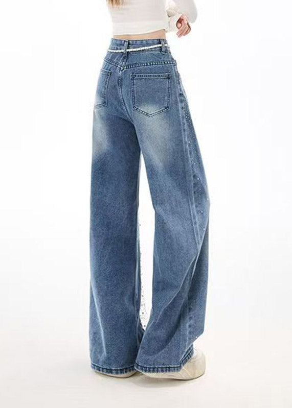 French Blue Pockets Lace Patchwork Zircon Jeans Spring