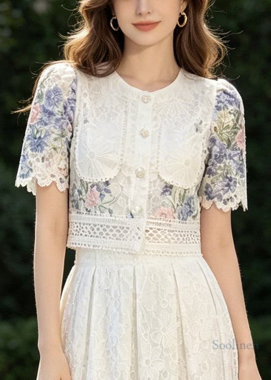 French Blue Print Lace Shirts And Skirts 2 Piece Outfit Summer