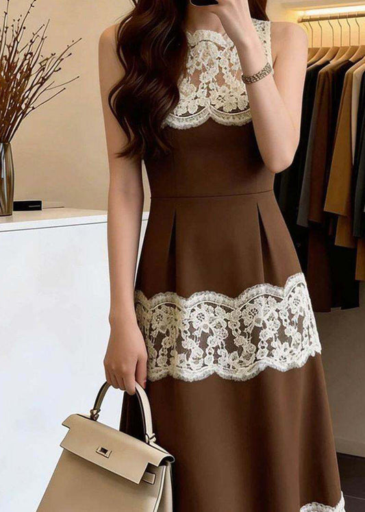 French Brown O-Neck Patchwork Lace Maxi Dresses Sleeveless
