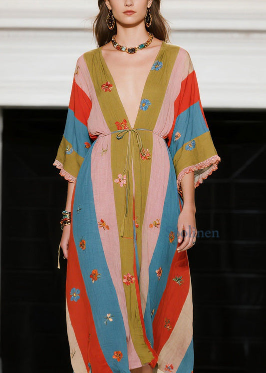 French Colorblock V Neck Floral Patchwork Cotton Dress Summer