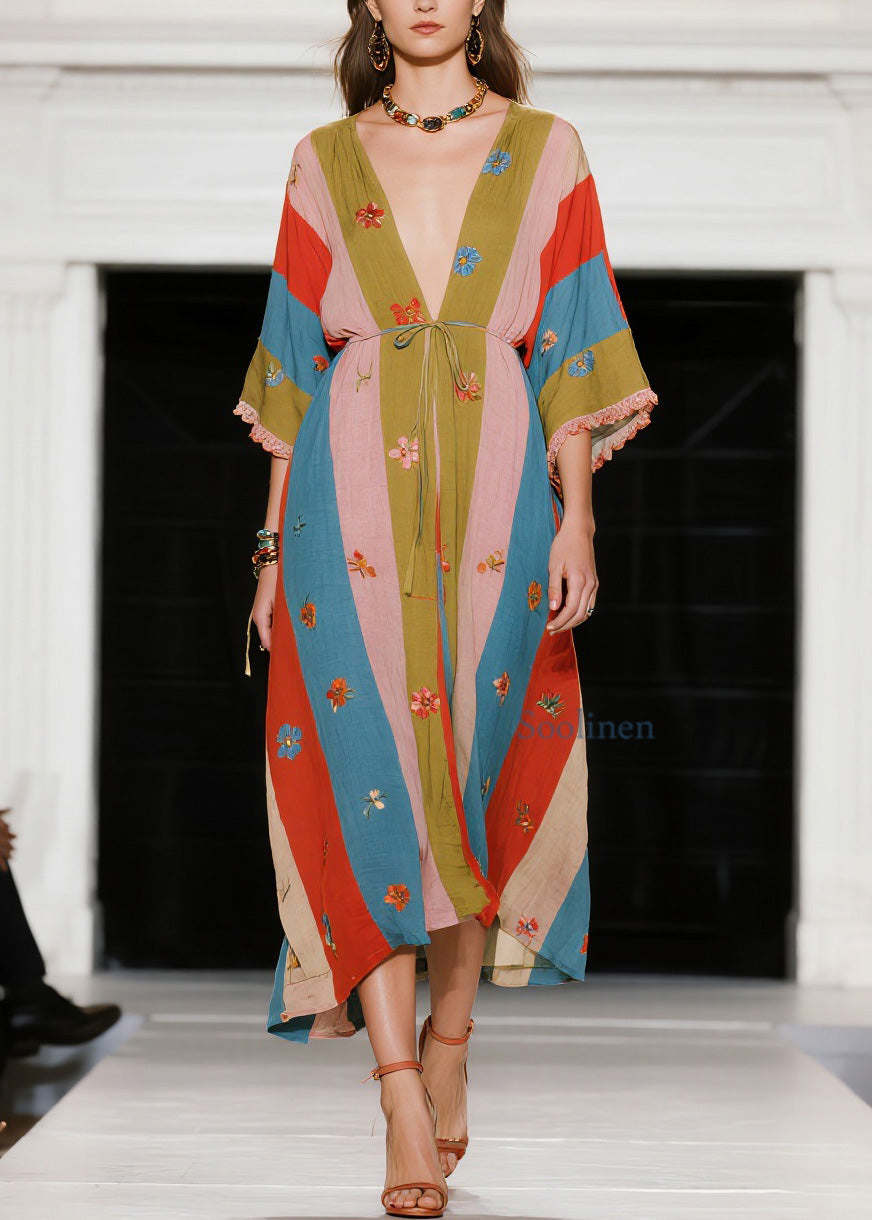 French Colorblock V Neck Floral Patchwork Cotton Dress Summer