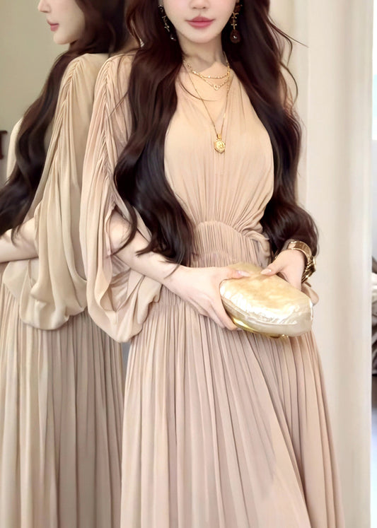 French Khaki Oversized Chiffon Robe Dresses Batwing Sleeve