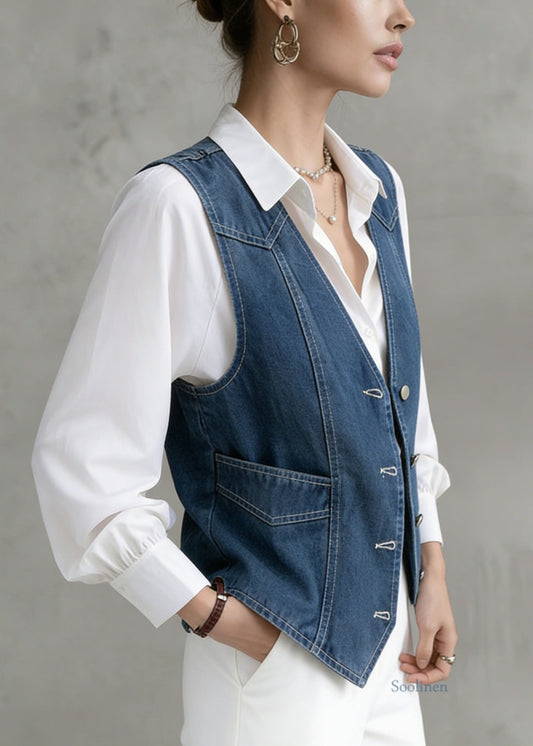 French Navy V Neck Patchwork Denim Vest Sleeveless