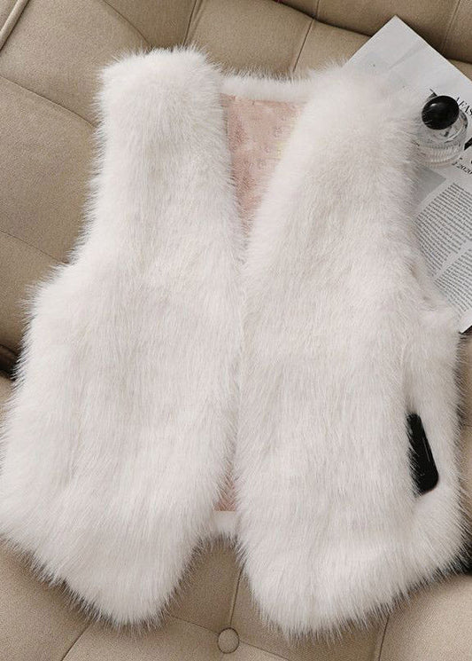 French Pink V Neck Pockets Faux Fur Vest Sleeveless