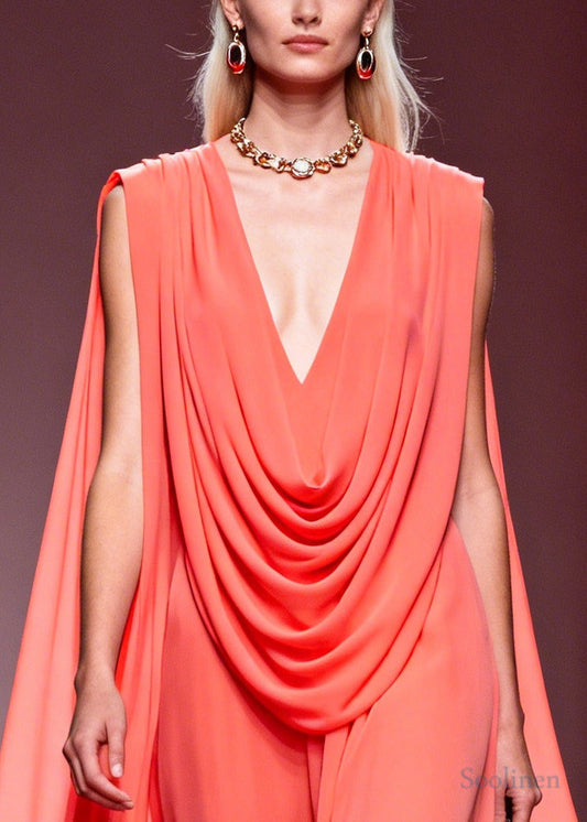 French Pink V Neck Wrinkled Exra Large Hem Chiffon Party Dress Summer