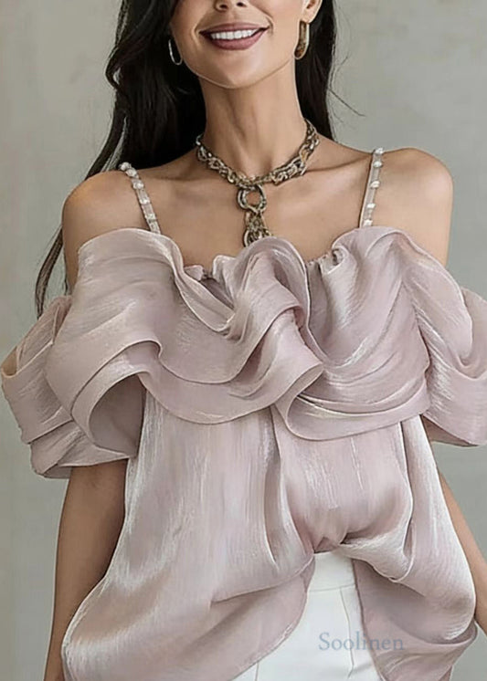 French Purple Cold Shoulder Nail Bead Wrinkled Tulle Tops Summer
