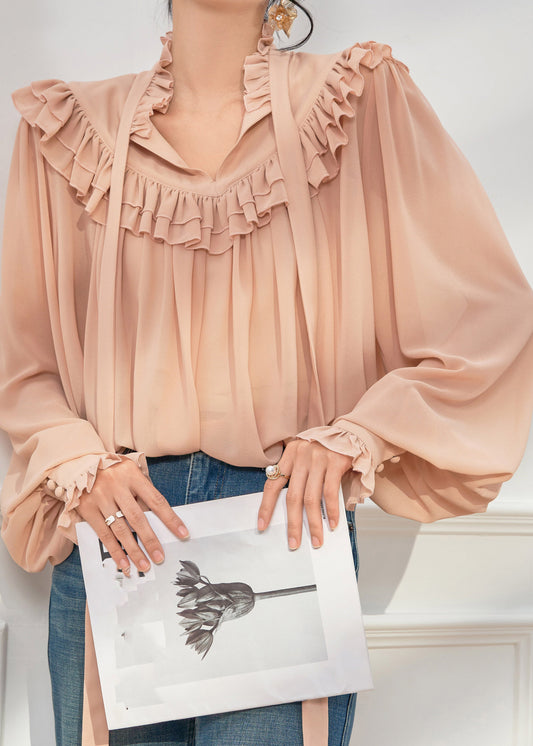French Ruffled Ribbon Solid Chiffon Shirts Spring