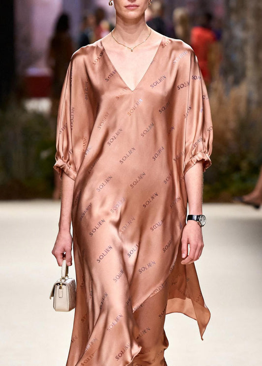 French V Neck Asymmetrical Silk Long Dress Summer