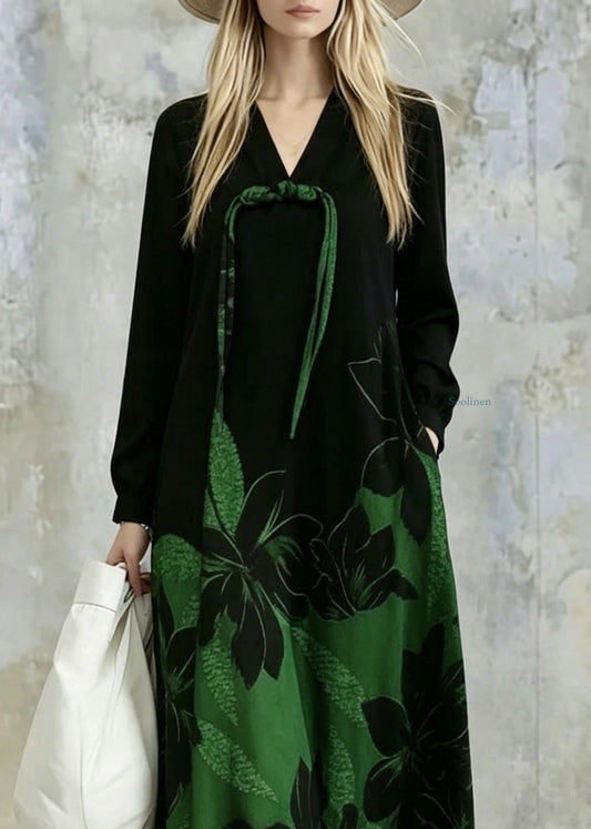 Gradient Color Green Print Pockets Tassel Maxi Dresses Fall