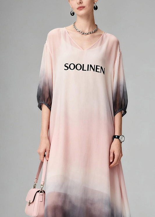 Gradient Color Pink V Neck Long Dress Summer