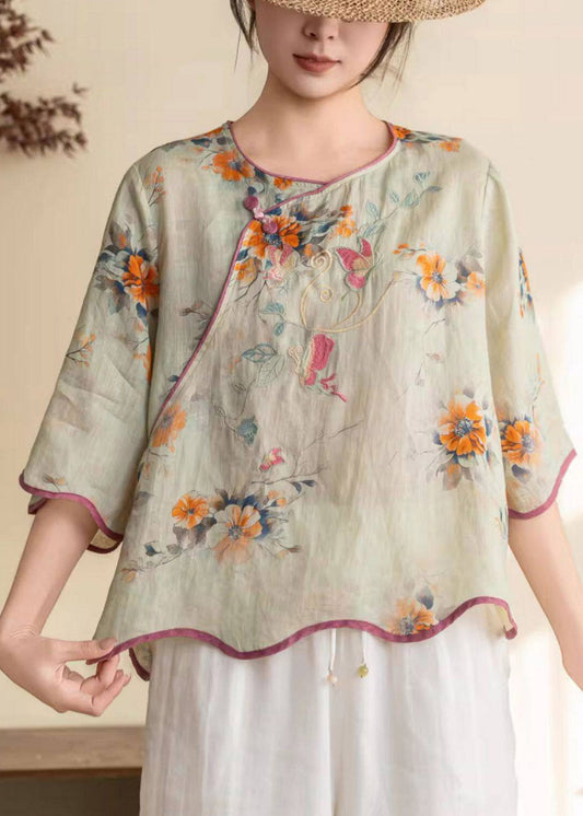 Green O-Neck Patchwork Linen Top Half Sleeve