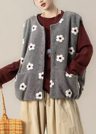 Grey Floral Print Cotton Loose Vests Oversized Winter