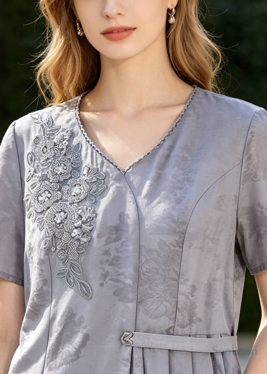 Grey Print Silk Top Embroidered Asymmetrical Design Summer