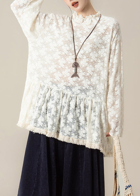 Handmade Beige Embroidered Ruffled Lace Blouses Spring
