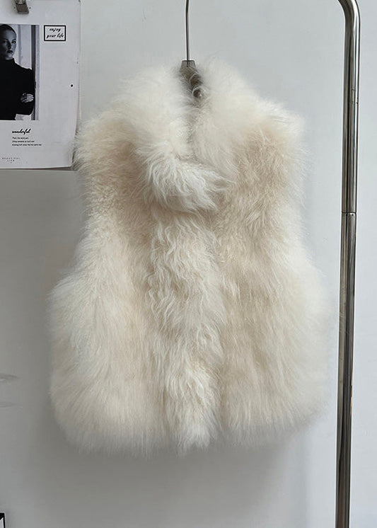 Handmade Beige Stand Collar Solid Leather And Fur Coat Sleeveless