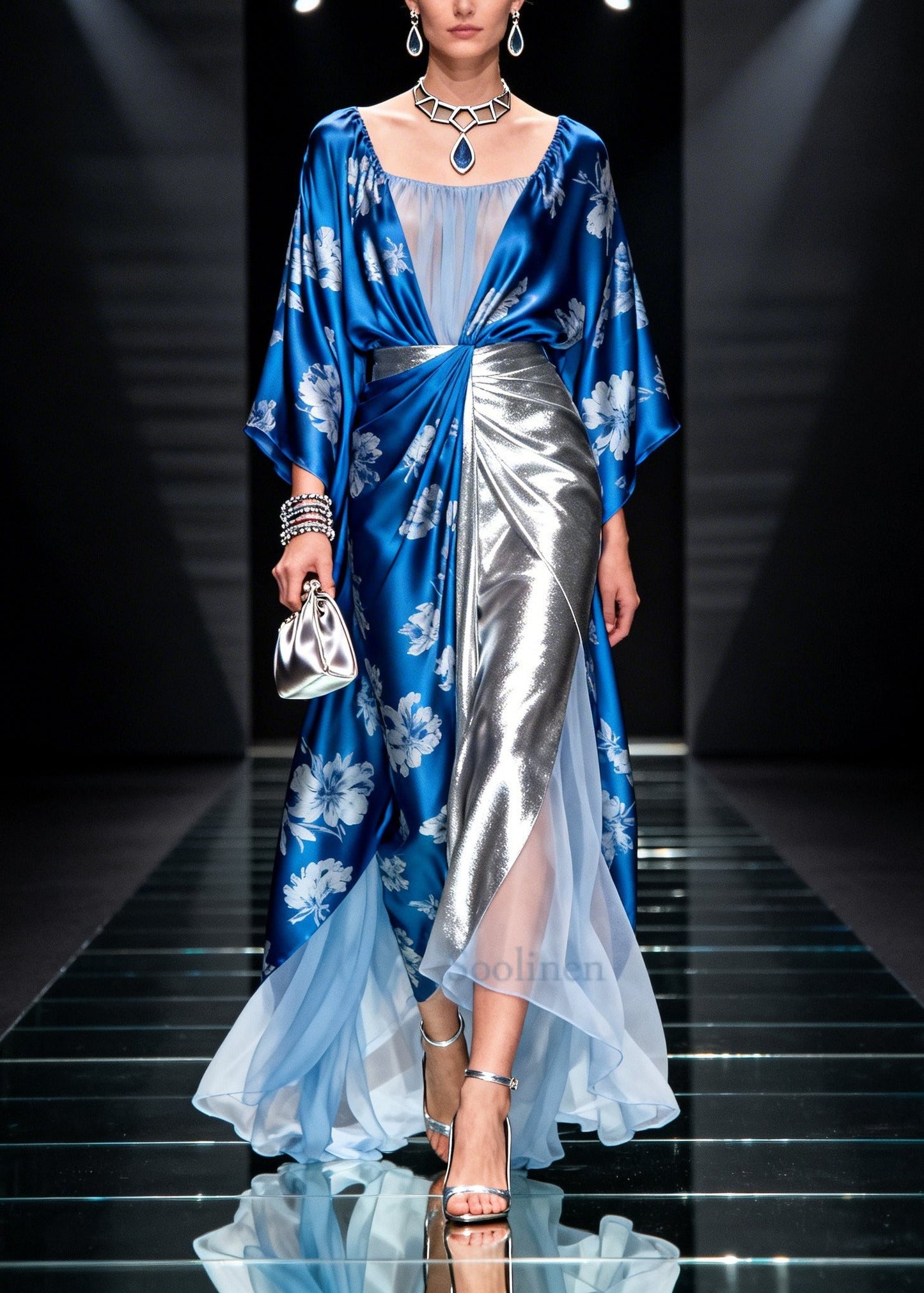 Handmade Blue Asymmetrical Patchwork Print Chiffon Dresses Summer