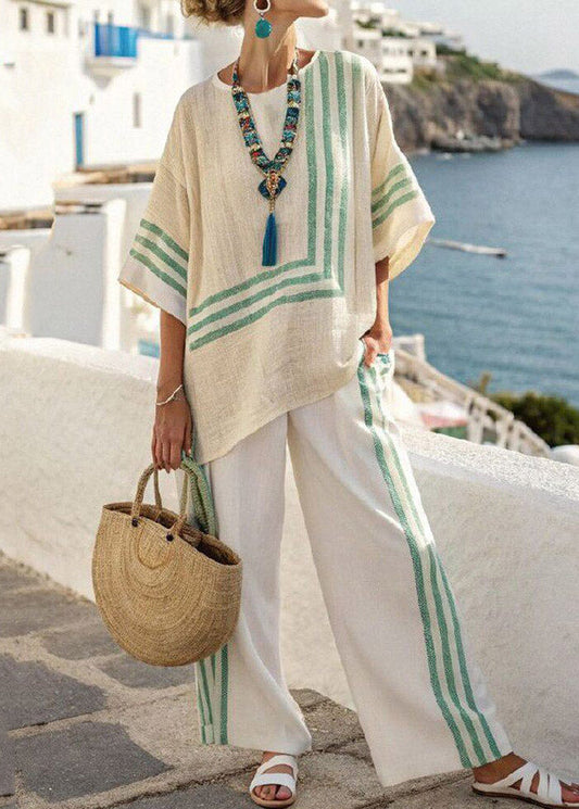 Handmade Blue Striped Low High Design T Shirts And Wide Leg Pants Two Pieces Set Half Sleeve